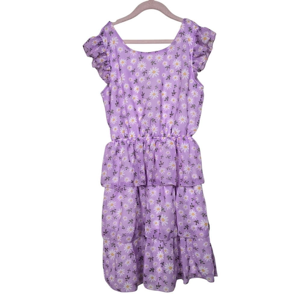 Jenna & Jessie Purple Back Bow Cut Out Tiered Floral Dress Girls 12